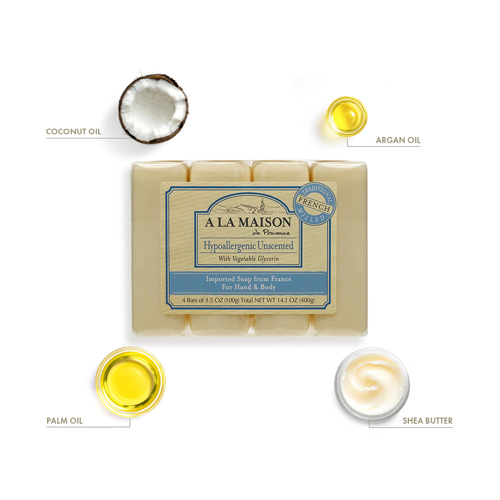 A LA MAISON hypoallergenic unscented bar soap triple milled close-up highlights dense, long-lasting bars.