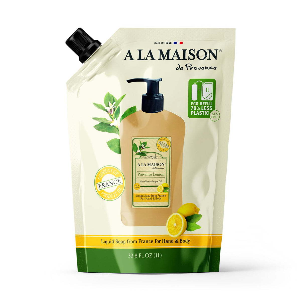 A La Maison Provence Lemon Liquid Soap Doypack refill on kitchen sink setup for easy refills