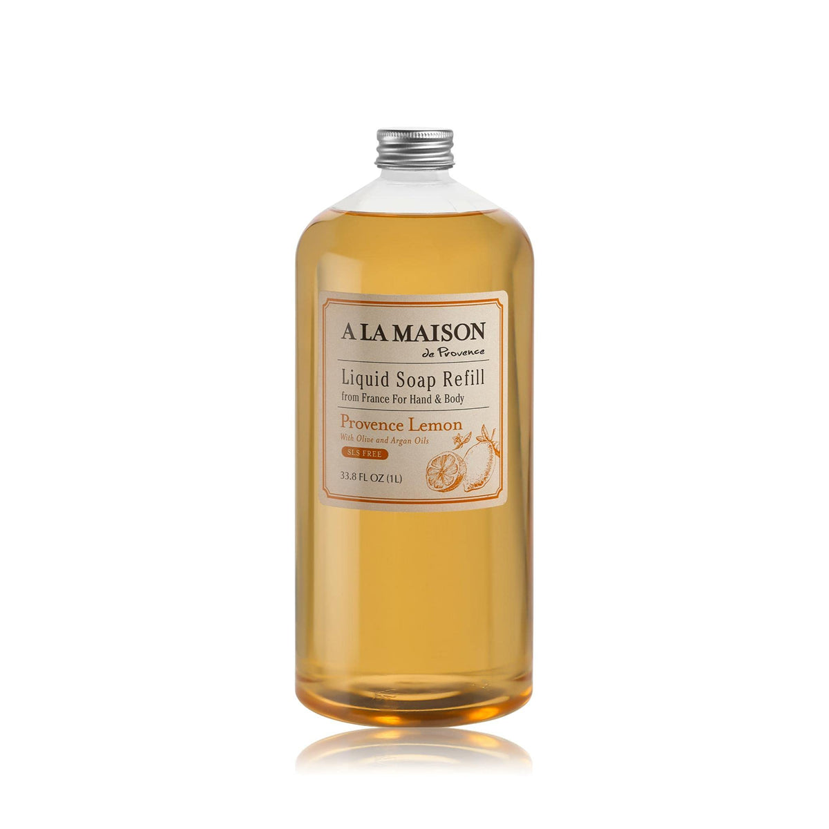 A LA MAISON Provence Lemon refill bottle demonstrates eco-friendly packaging for long-lasting hand care.