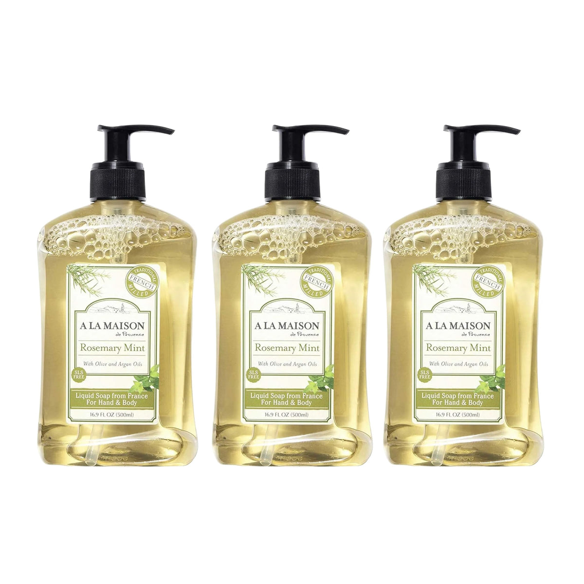 A LA MAISON rosemary mint hand soap bottle offering nourishing daily care.