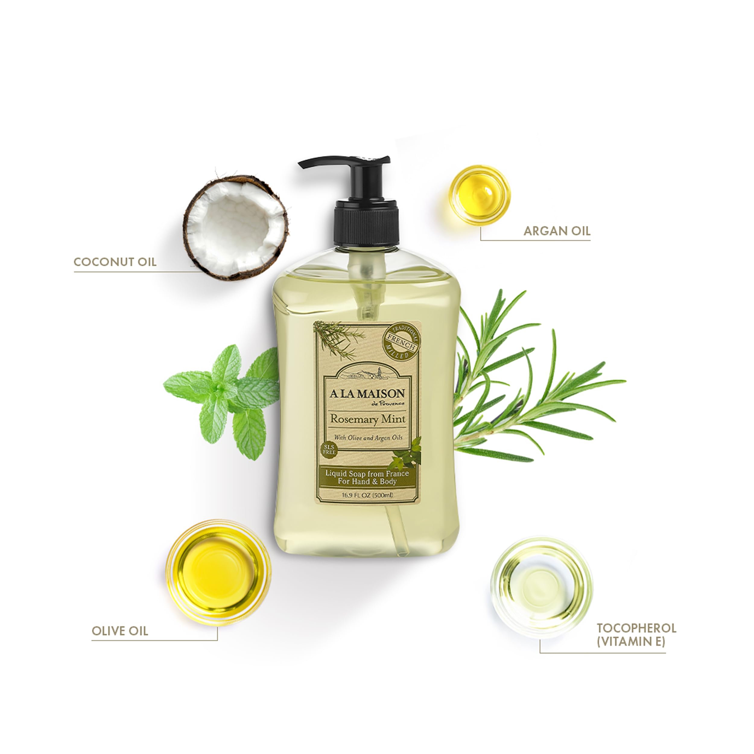 A LA MAISON rosemary mint pump closeup with fragrant, gentle cleansing.