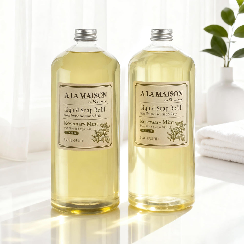A LA MAISON Rosemary Mint liquid hand soap lather on hand with skin friendly glycerin