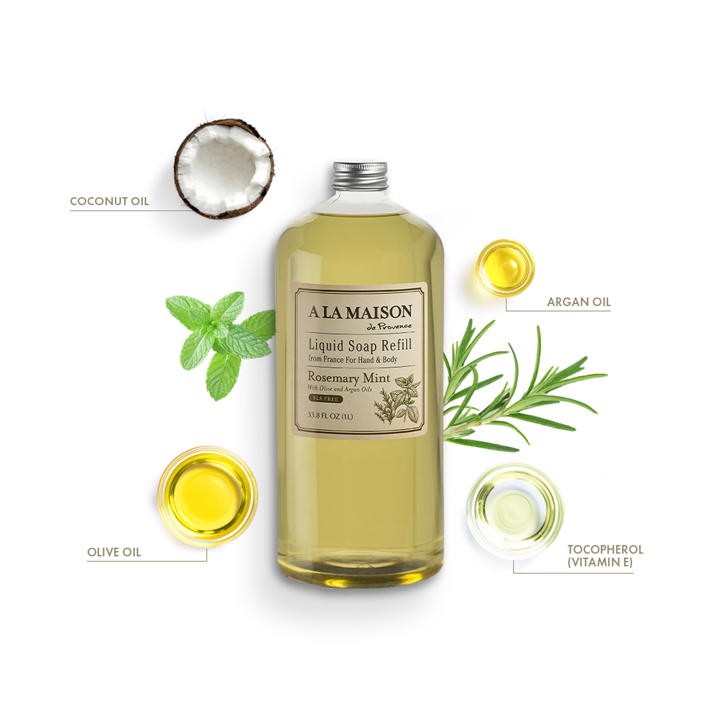 Close up of A LA MAISON Rosemary Mint refill reflecting authentic French craftsmanship