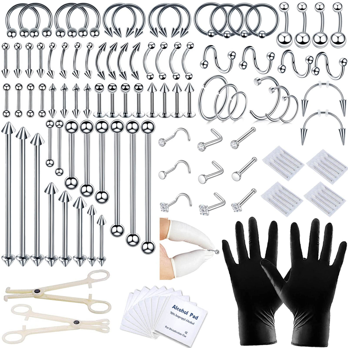 A-minusone 120pcs piercing-kit packaging showing full contents for easy home body piercing.