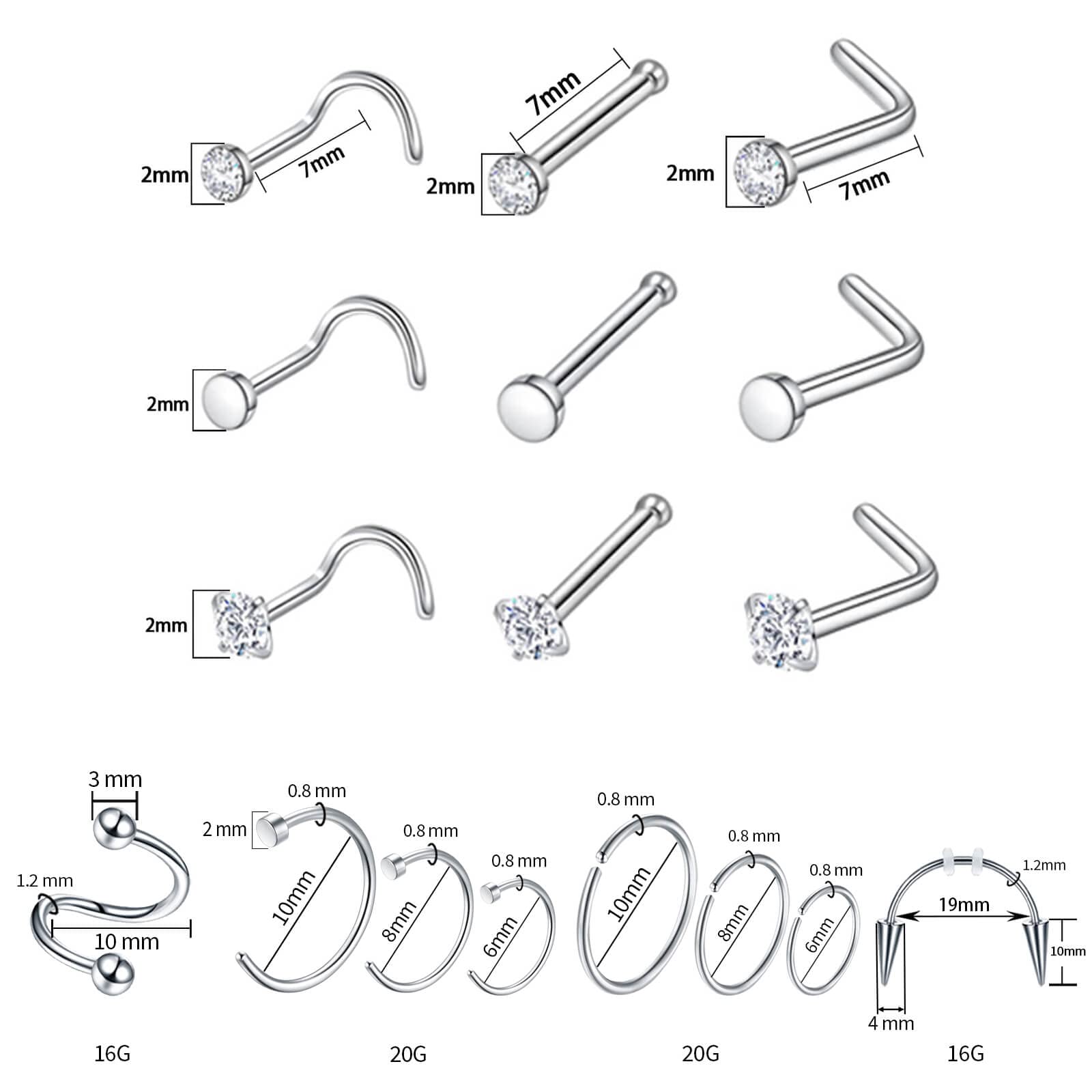 A-minusone 16g straight barbells set for versatile piercings.