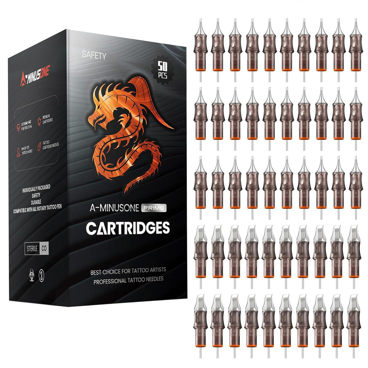 A-minusone 50-assorted tattoo cartridge needles pack with mixed sizes for versatile liner and shader work.