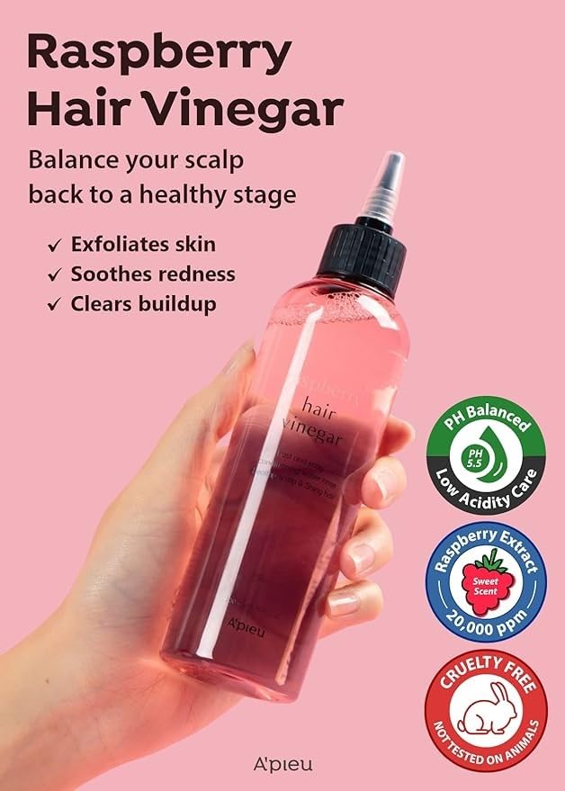 A’PIEU Raspberry Hair Vinegar pour action highlights buildup removal and detangling support.