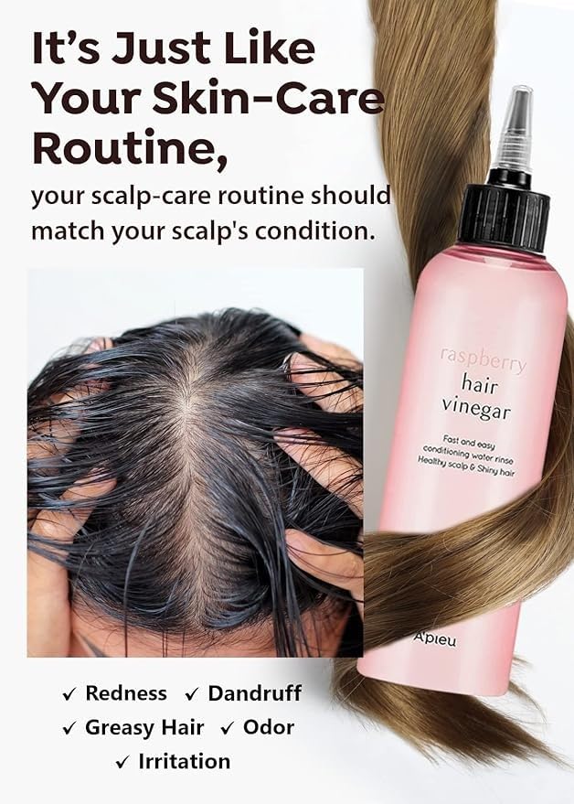 A’PIEU Raspberry Hair Vinegar scalp massage shot demonstrates a calming detox routine.