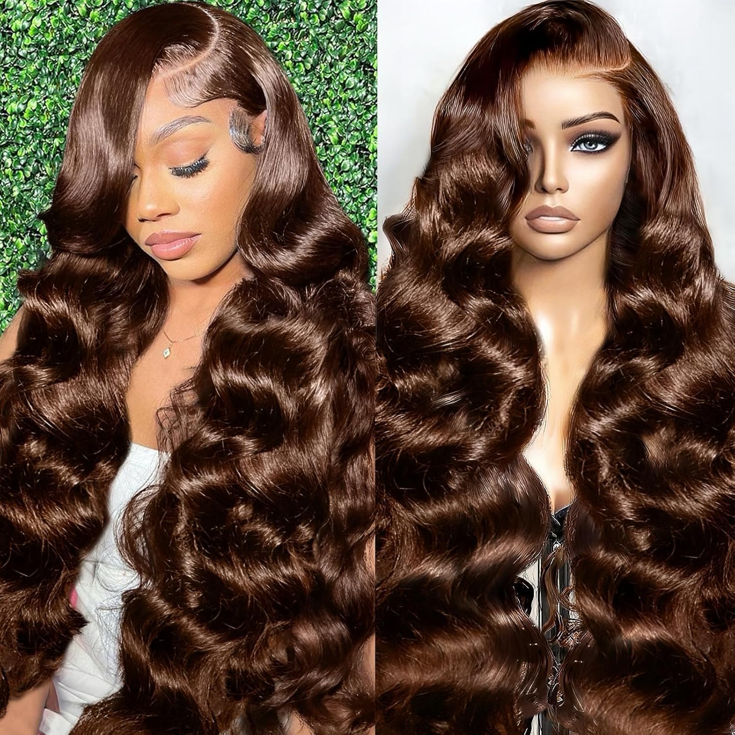 A8 chocolate brown wig lace-front closeup with natural parting for a seamless look.