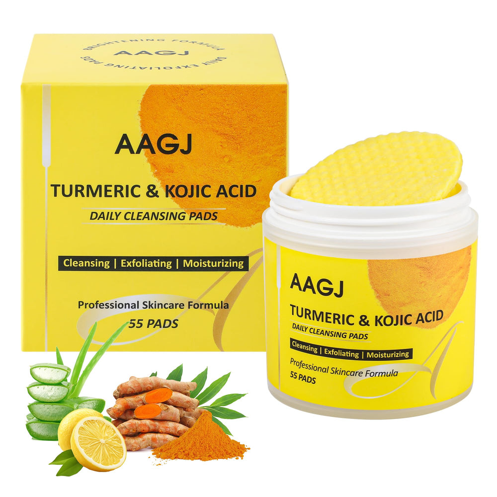 AAGJ Turmeric Kojic Acid Cleansing Pads bottle close-up showing convenient packaging for daily cleansing.