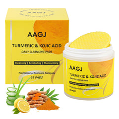 AAGJ Turmeric Kojic Acid Cleansing Pads bottle close-up showing convenient packaging for daily cleansing.