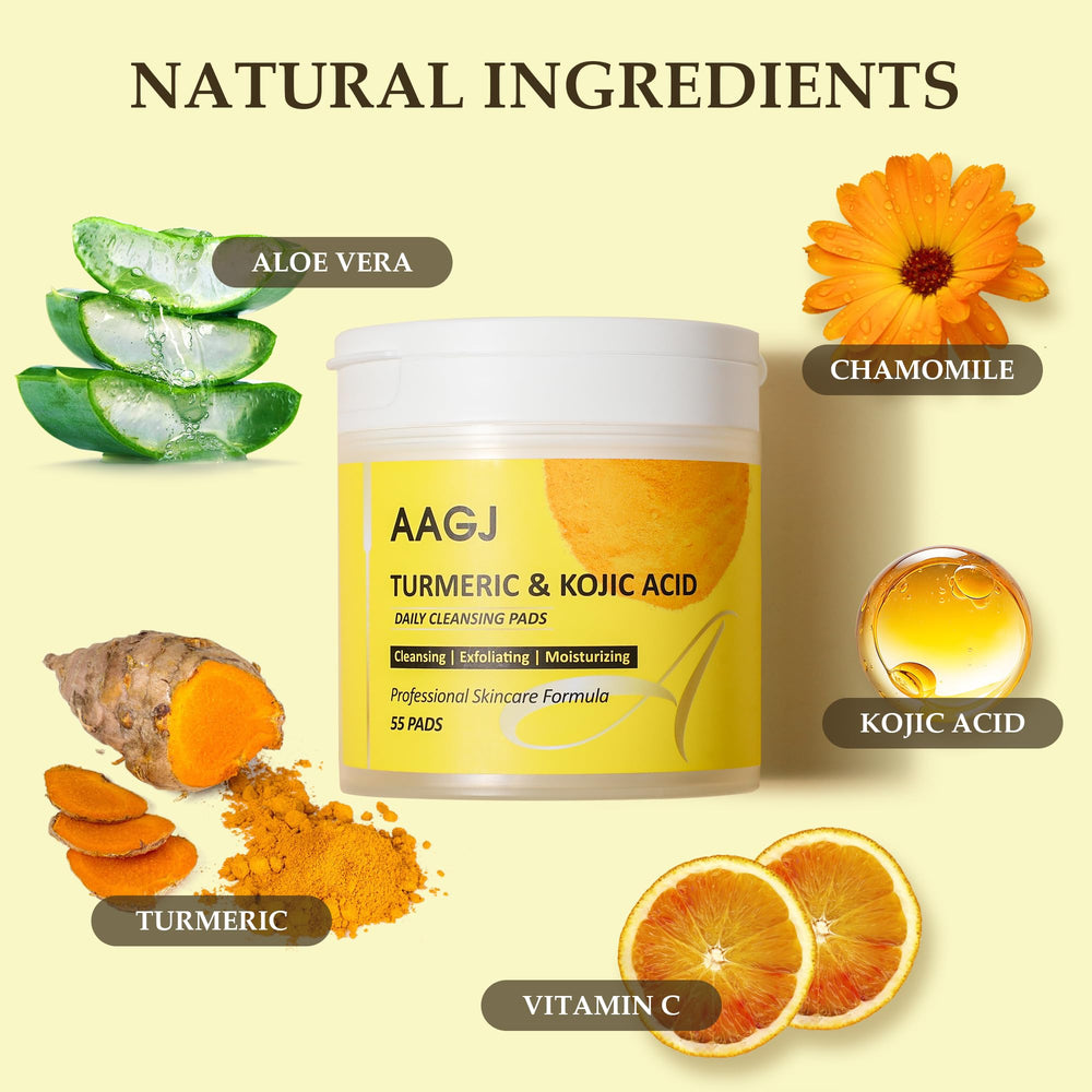 AAGJ Turmeric Kojic Acid Cleansing Pads turmeric-infused side highlighting calming, nourished skin.