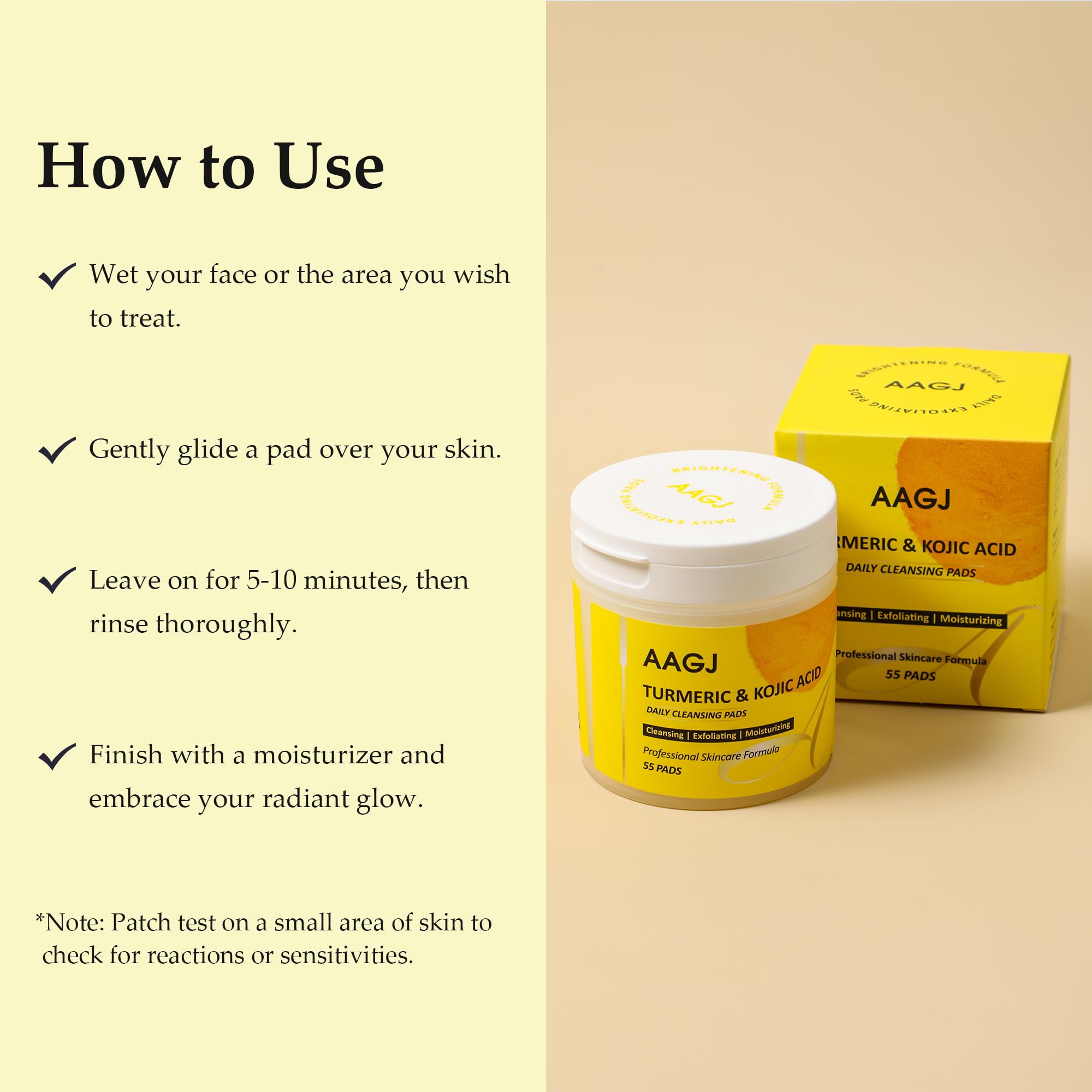 AAGJ Turmeric Kojic Acid Cleansing Pads two-sided application in use.