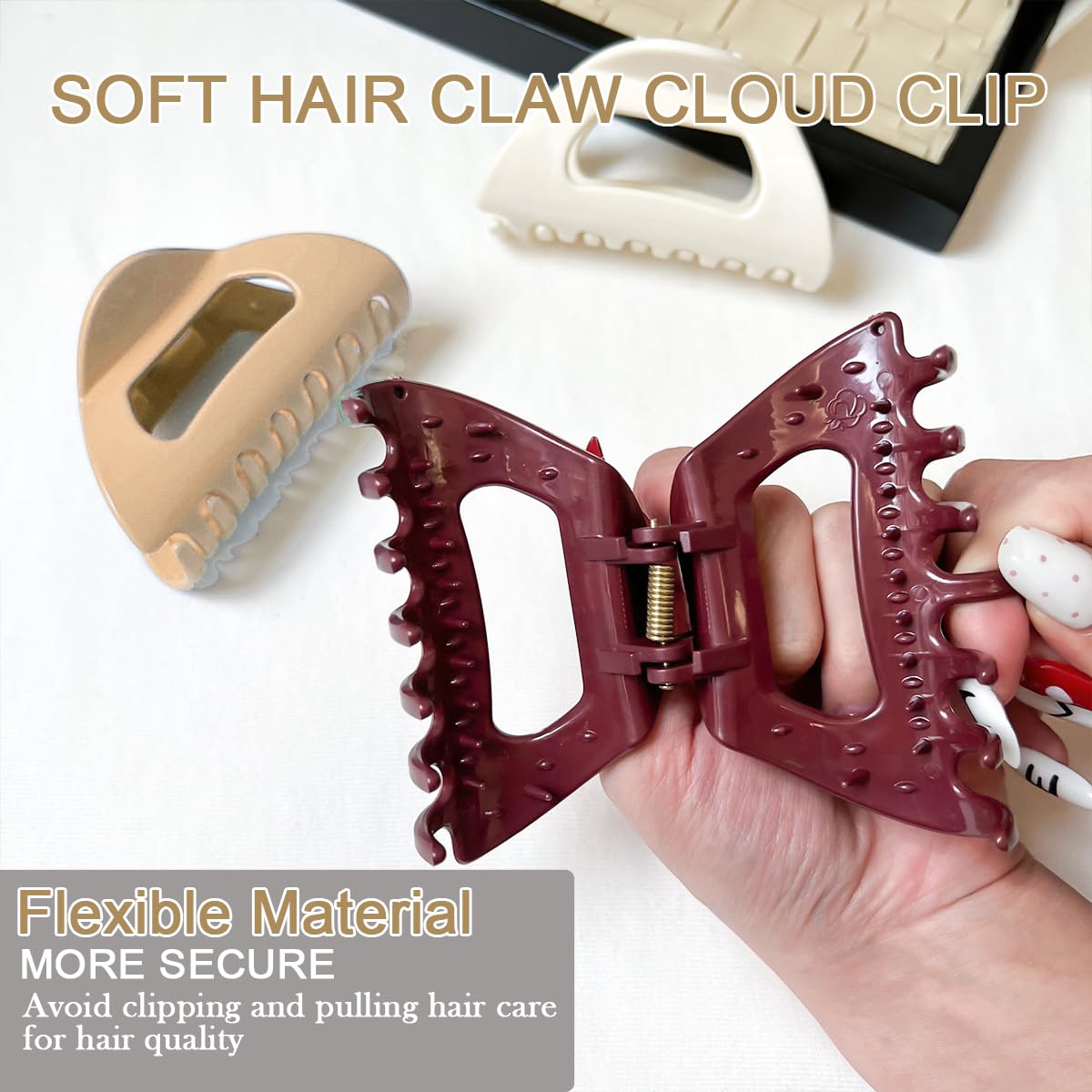 Aaiffey Cloud Claw Clip burgundy close-up shows soft silicone for gentle styling.