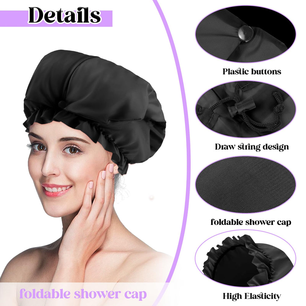 Abeillo shower cap features drawstring and buckle for a snug fit.
