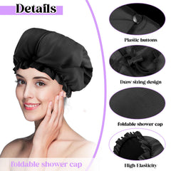 Abeillo shower cap features drawstring and buckle for a snug fit.