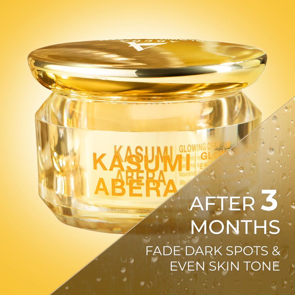 Abera Kasumi Glowing Cream jar closeup showing creamy texture for smooth application.