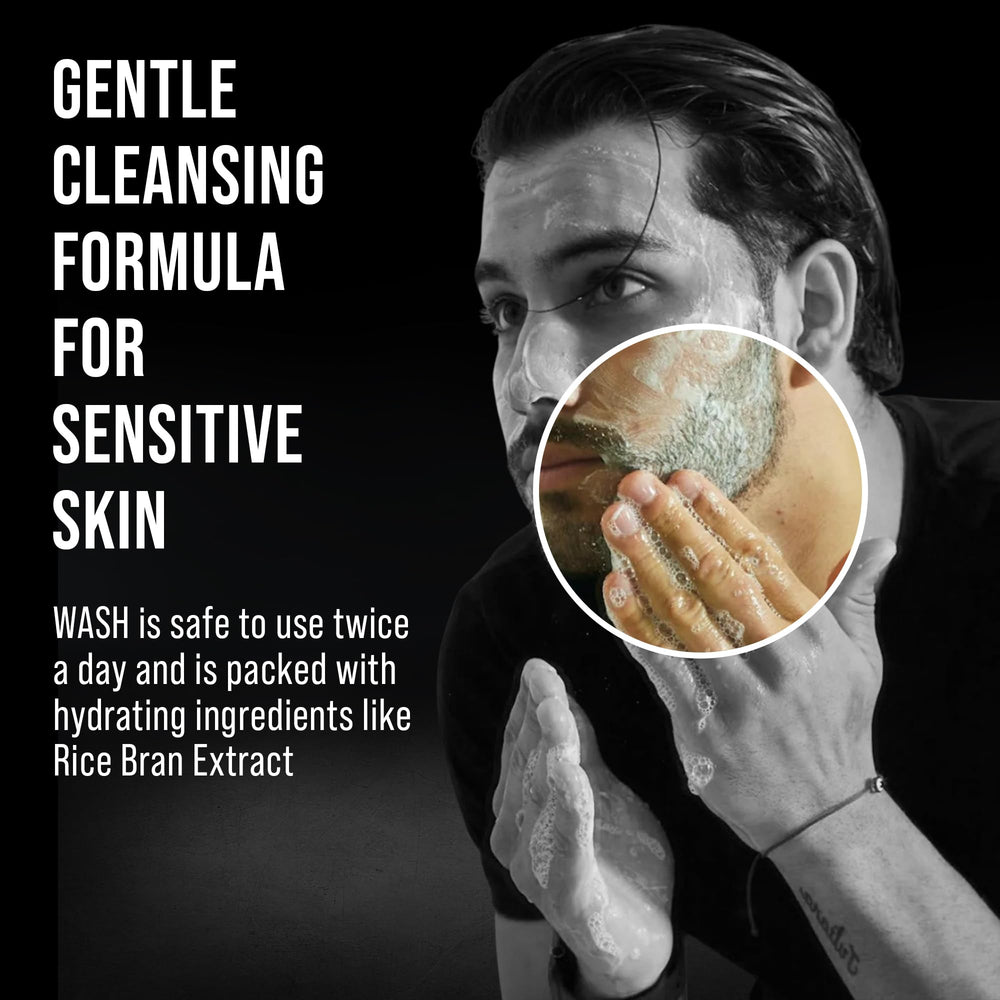 ABERA Nolan Daily Cleanser shown as part of a men's skincare routine.