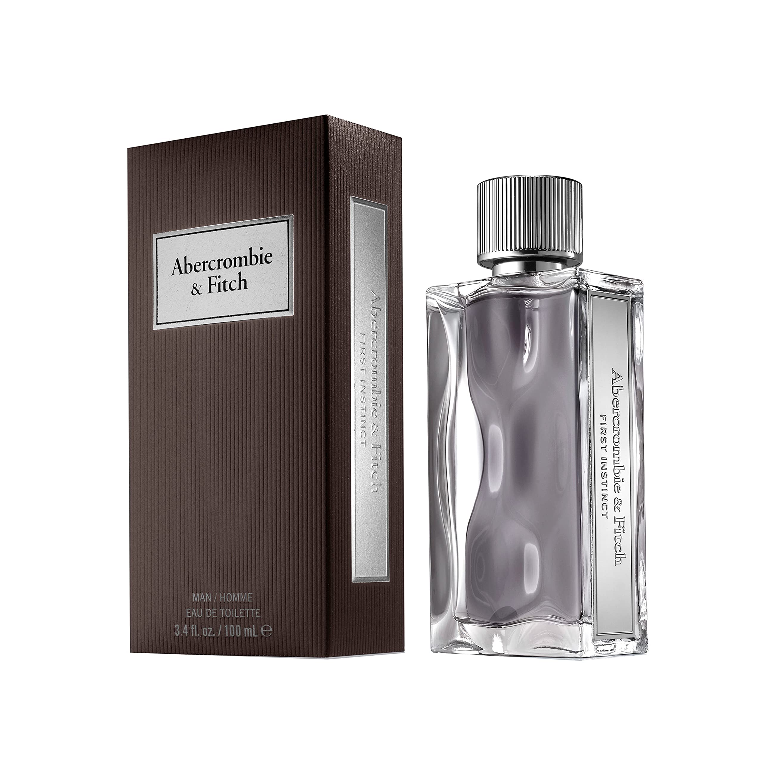 Abercrombie & Fitch First Instinct bottle side highlights sleek profile ideal for evening outings.