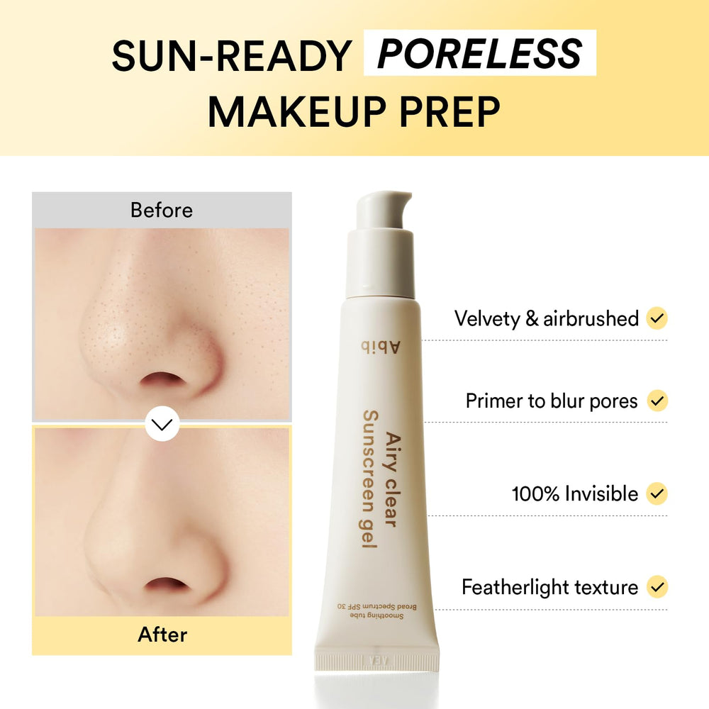 Abib Airy Clear Sunscreen Gel clear formula shows no white cast.