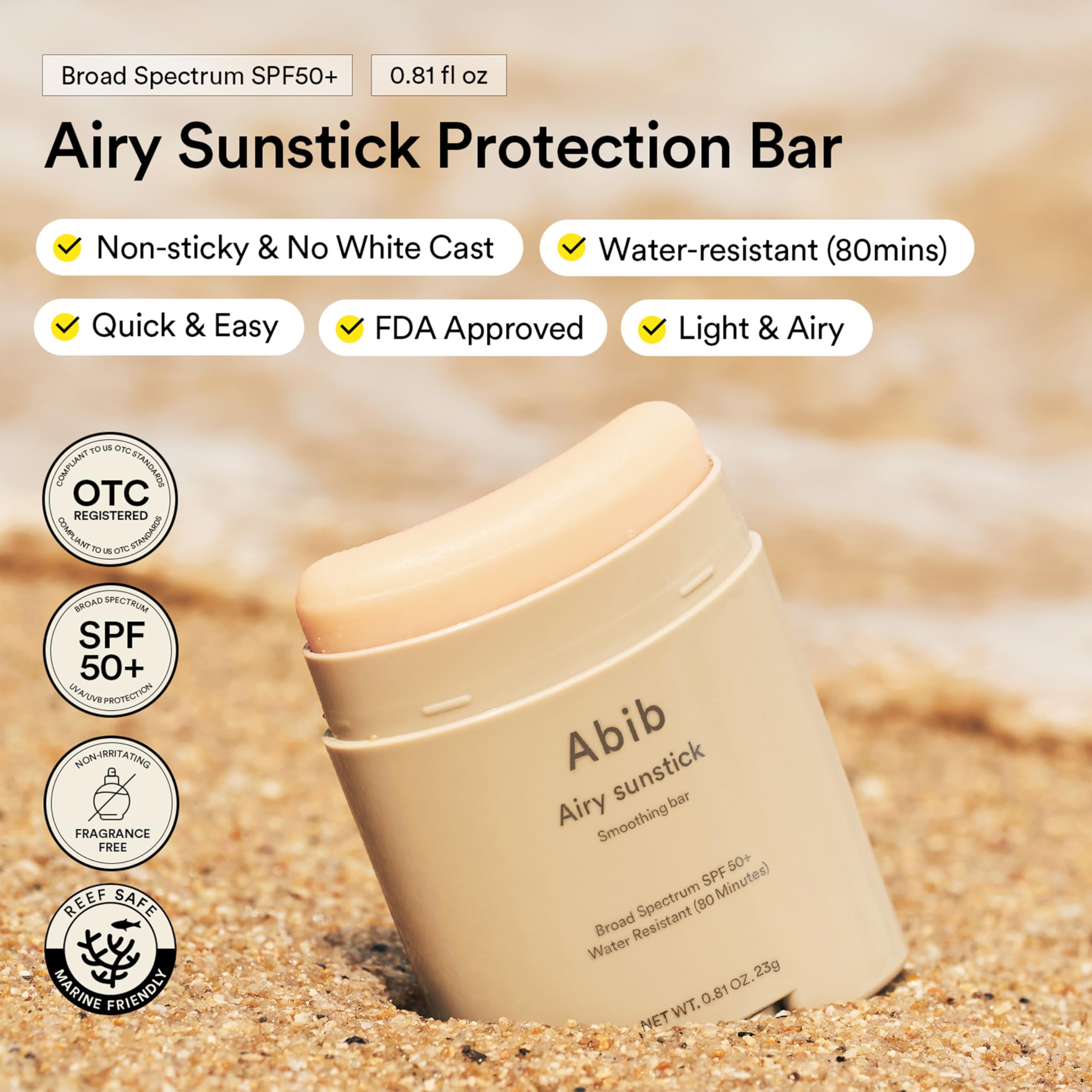 Abib Airy Sunstick on-skin application demonstrates transparent glide for makeup wear.