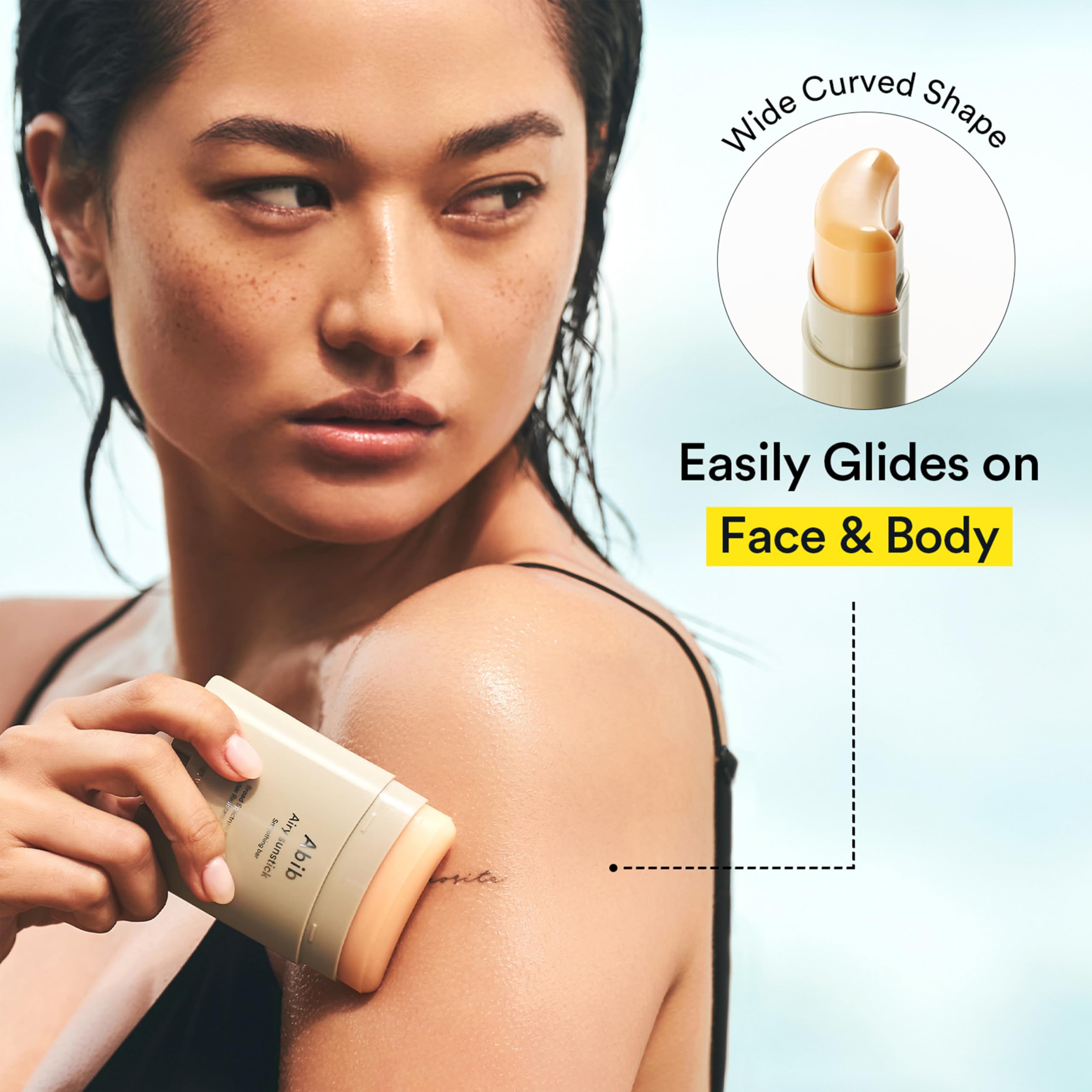 Abib Airy Sunstick contains ceramides and peptides for hydration without greasiness.