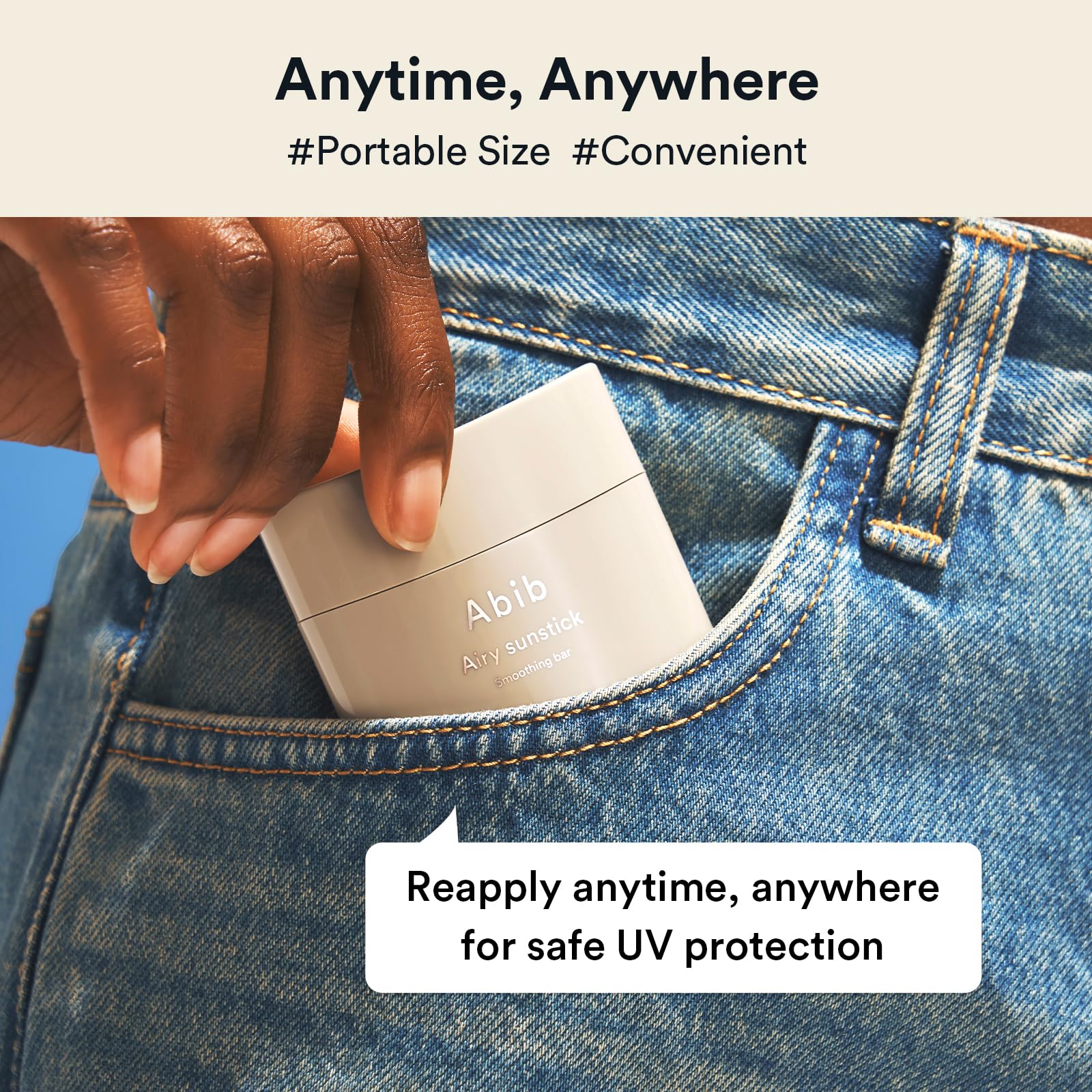 Abib Airy Sunstick SPF50+ hands-free application for mess-free reapplication.
