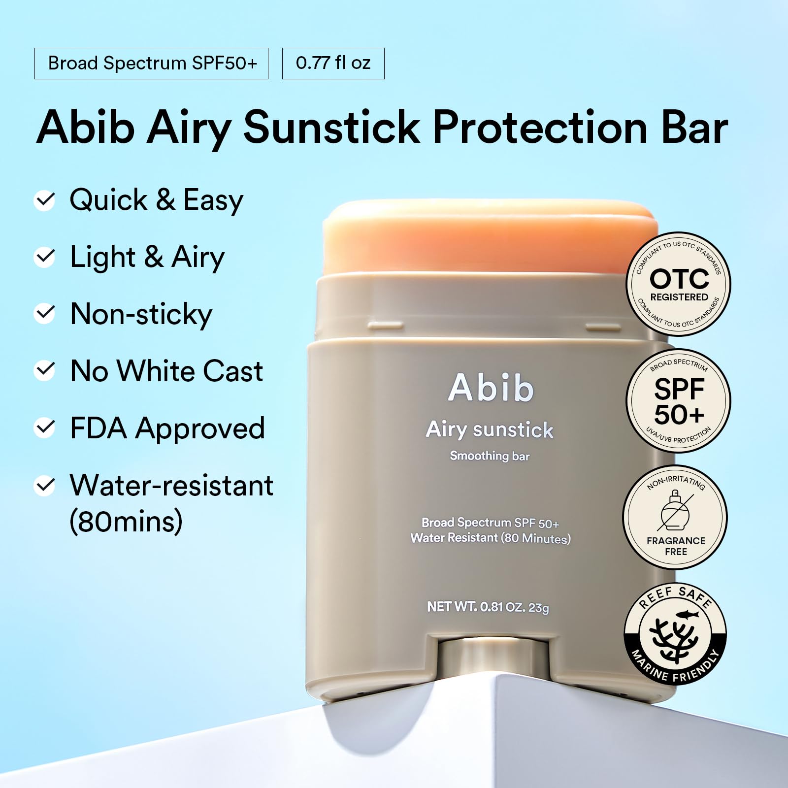 Abib Airy Sunstick SPF50+ semi-matte finish for a natural, shine-free look.