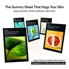 Closeup of Abib Gummy Sheet Mask Heartleaf Sticker sheets highlighting dense hydration.