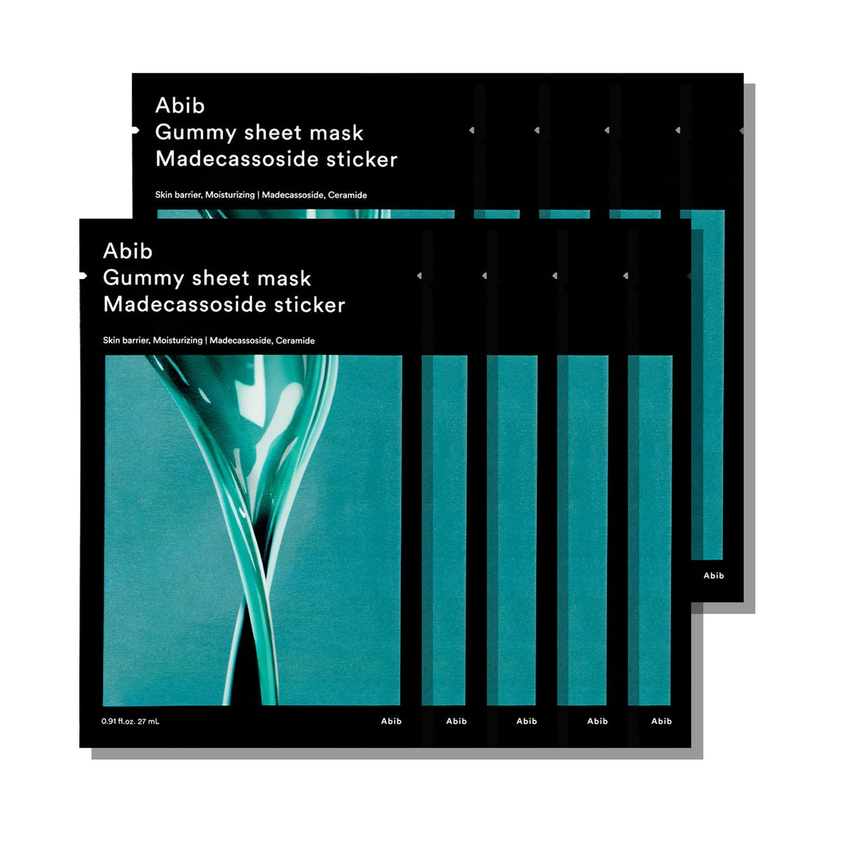 Abib Gummy Sheet Mask Madecassoside pack closeup shows hydration-ready barrier support.