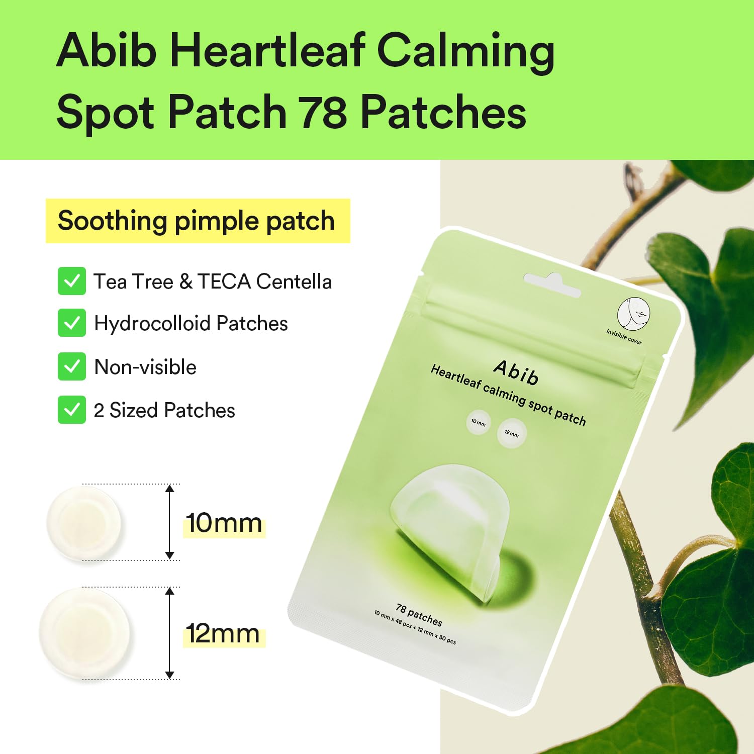 Abib Heartleaf Calming Spot Patch 12mm close-up for larger blemishes.