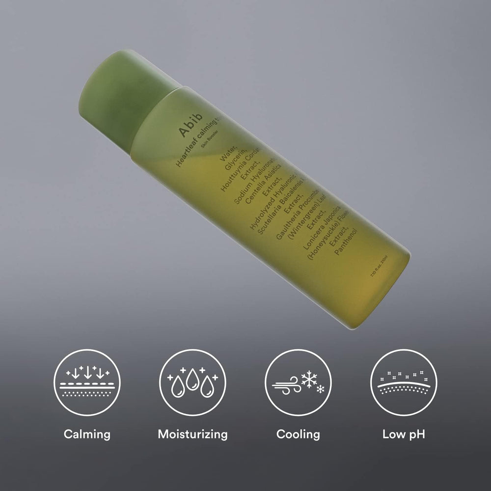 Abib Heartleaf Calming Toner bottle closeup—soothing action for irritated skin.