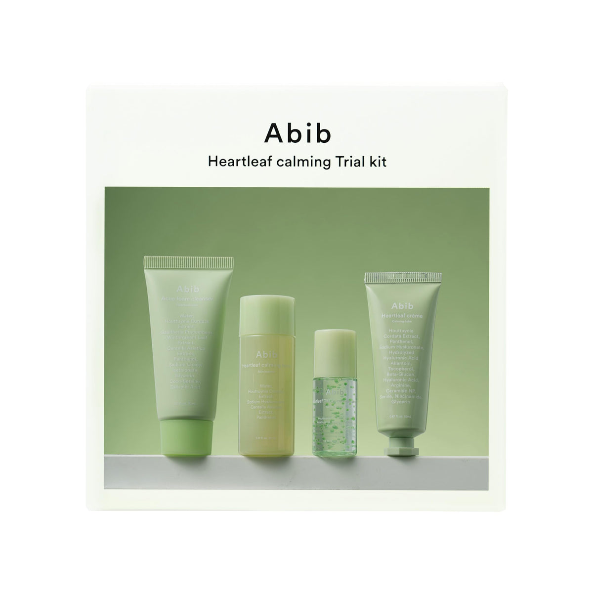 Abib Heartleaf Calming Trial Kit with four mini products for on-the-go soothing routine.