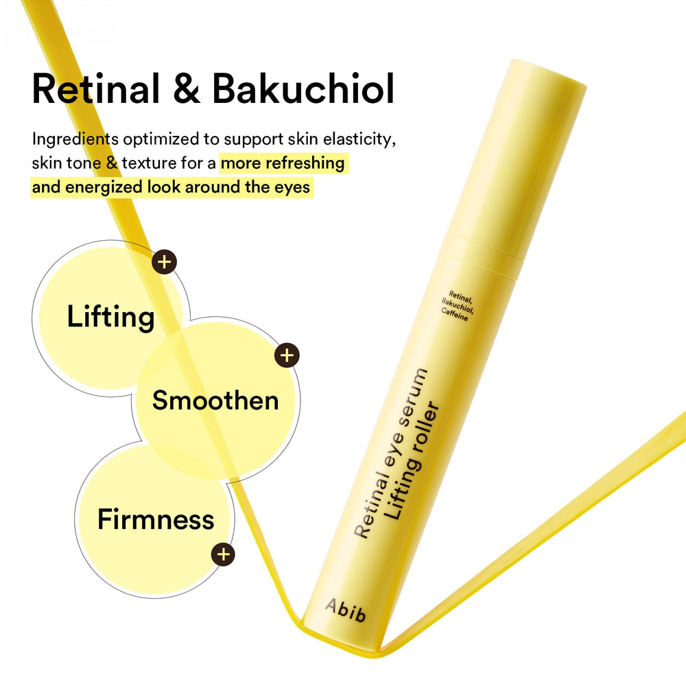 Abib retinal eye serum metal roller depicted against skin for cooling massage