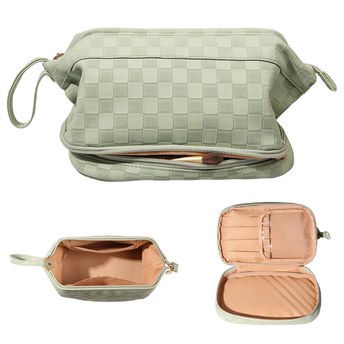 Abiudeng large makeup bag open inside, showing expansive interior for easy cosmetics organization during travel.
