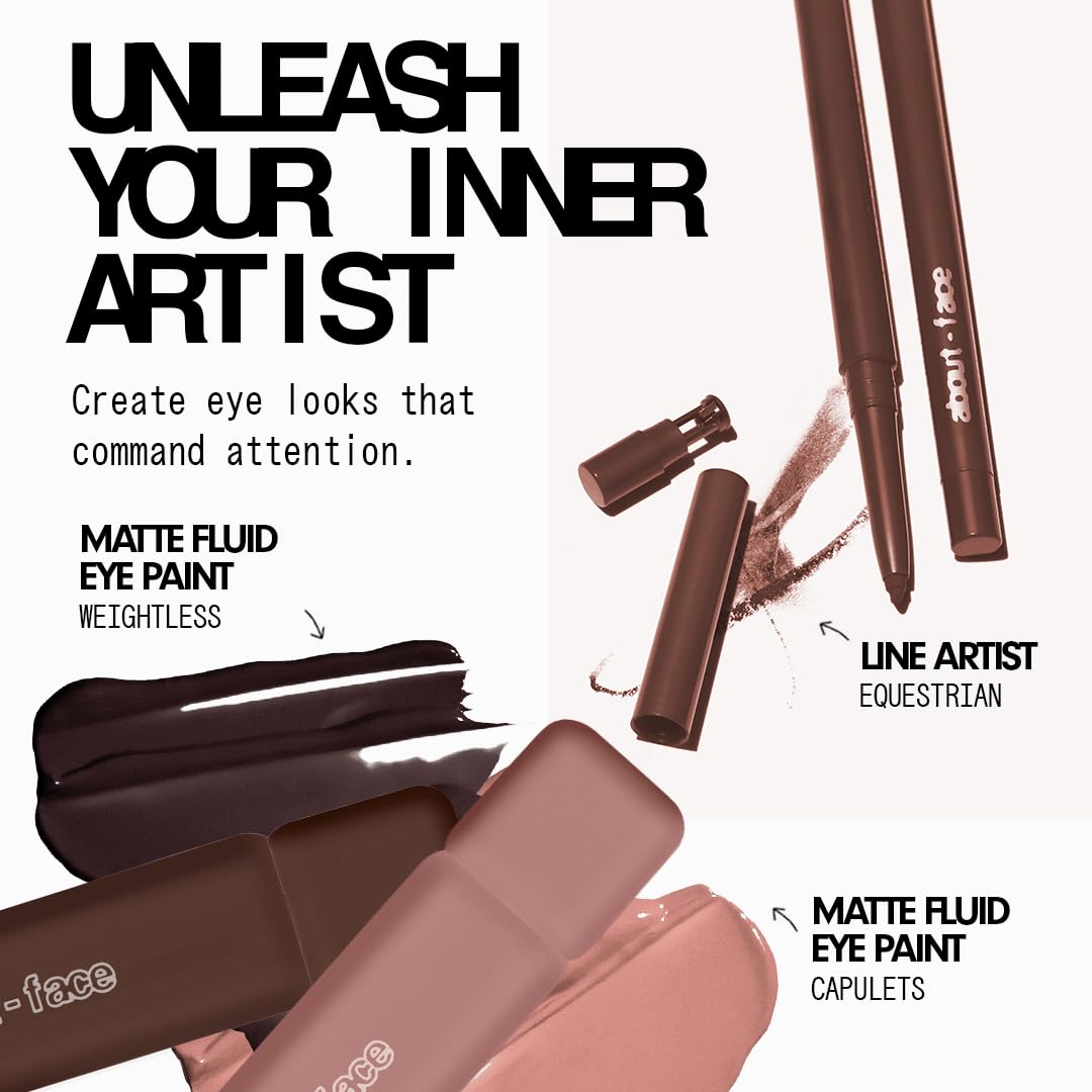 About Face vegan cruelty-free badge with Matte Fluid Eye Paint chocolate brown