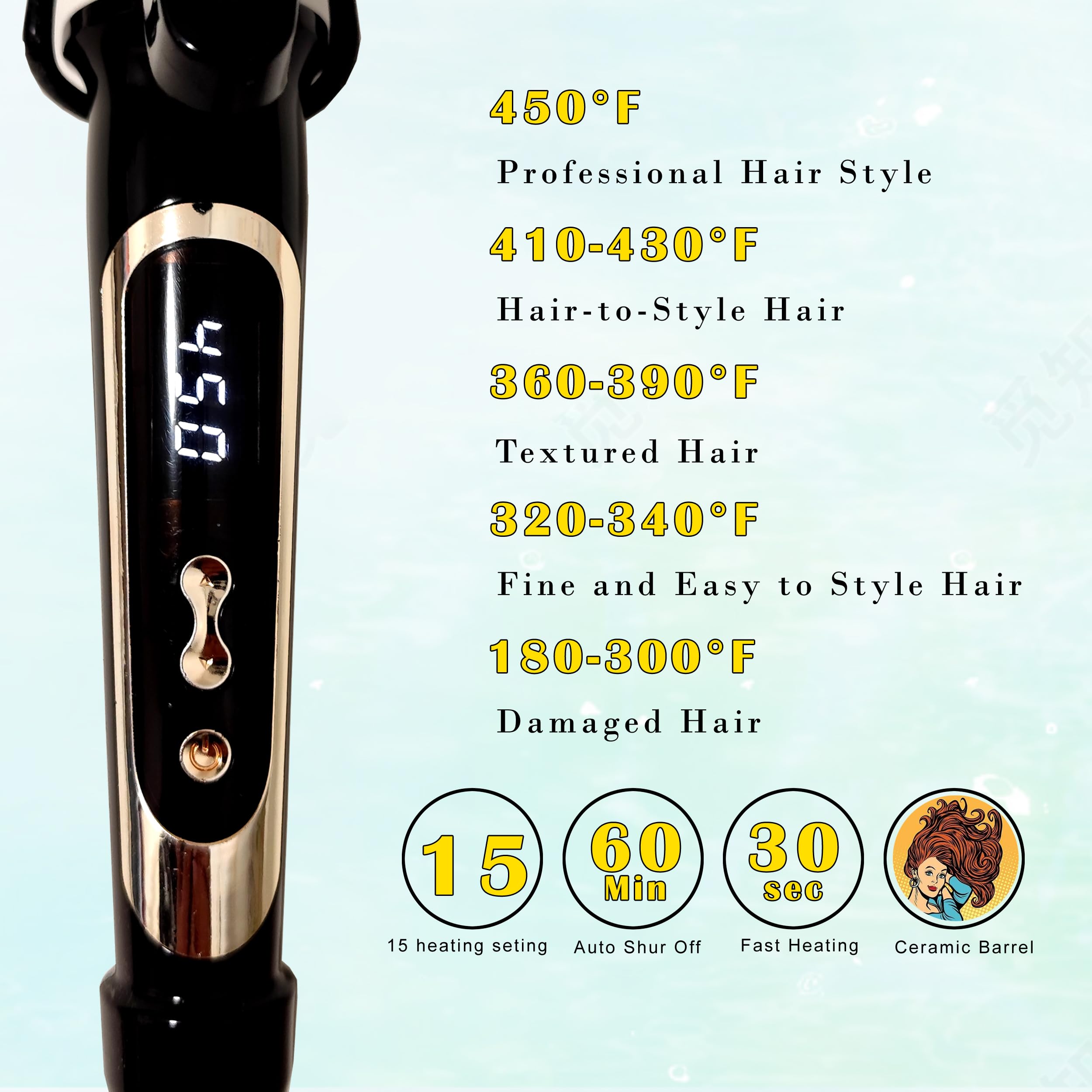 abp curling iron temperature range 180-450f enables tailored textures.