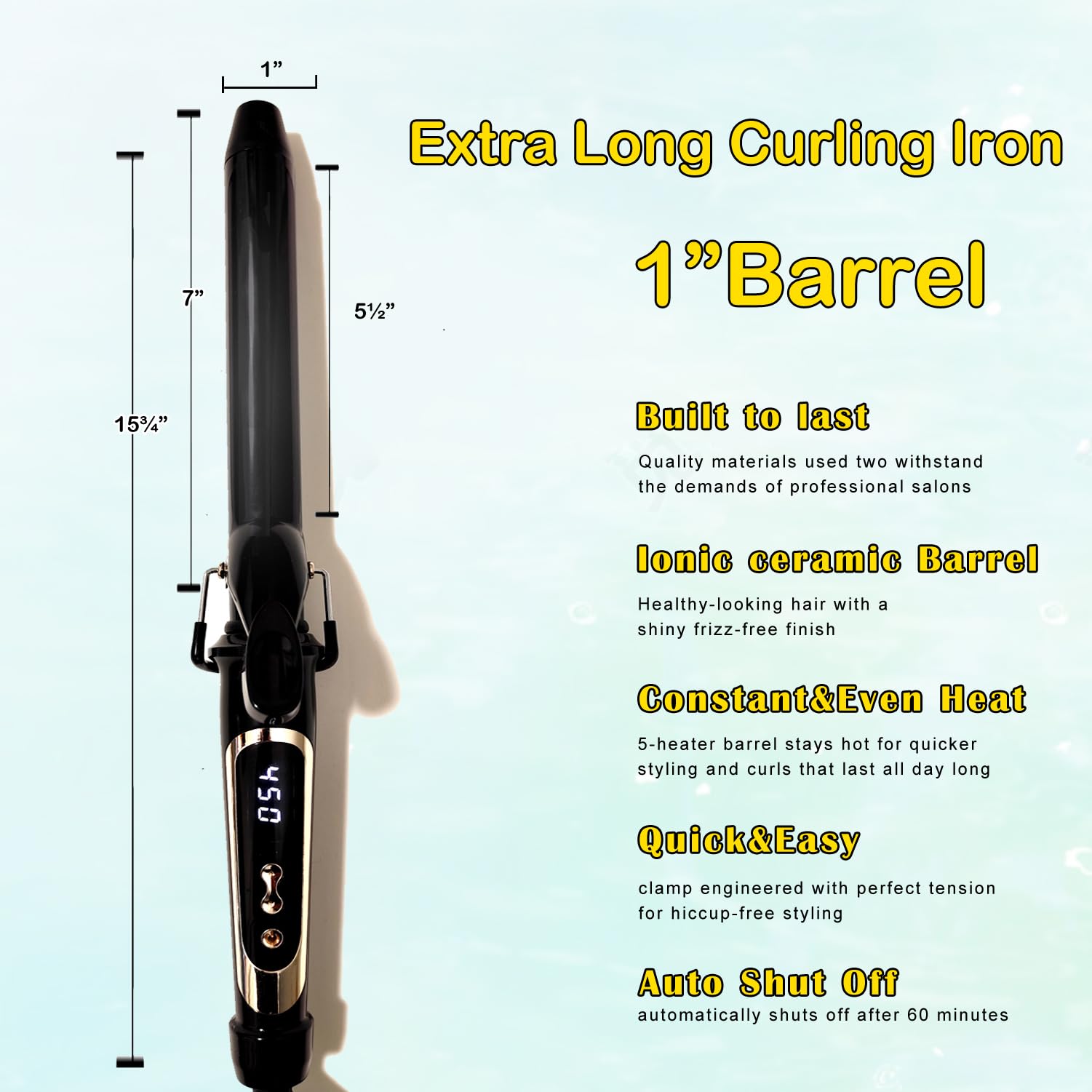 abp 1-inch curling iron long hair styling demonstrates the extra-long barrel for large waves.