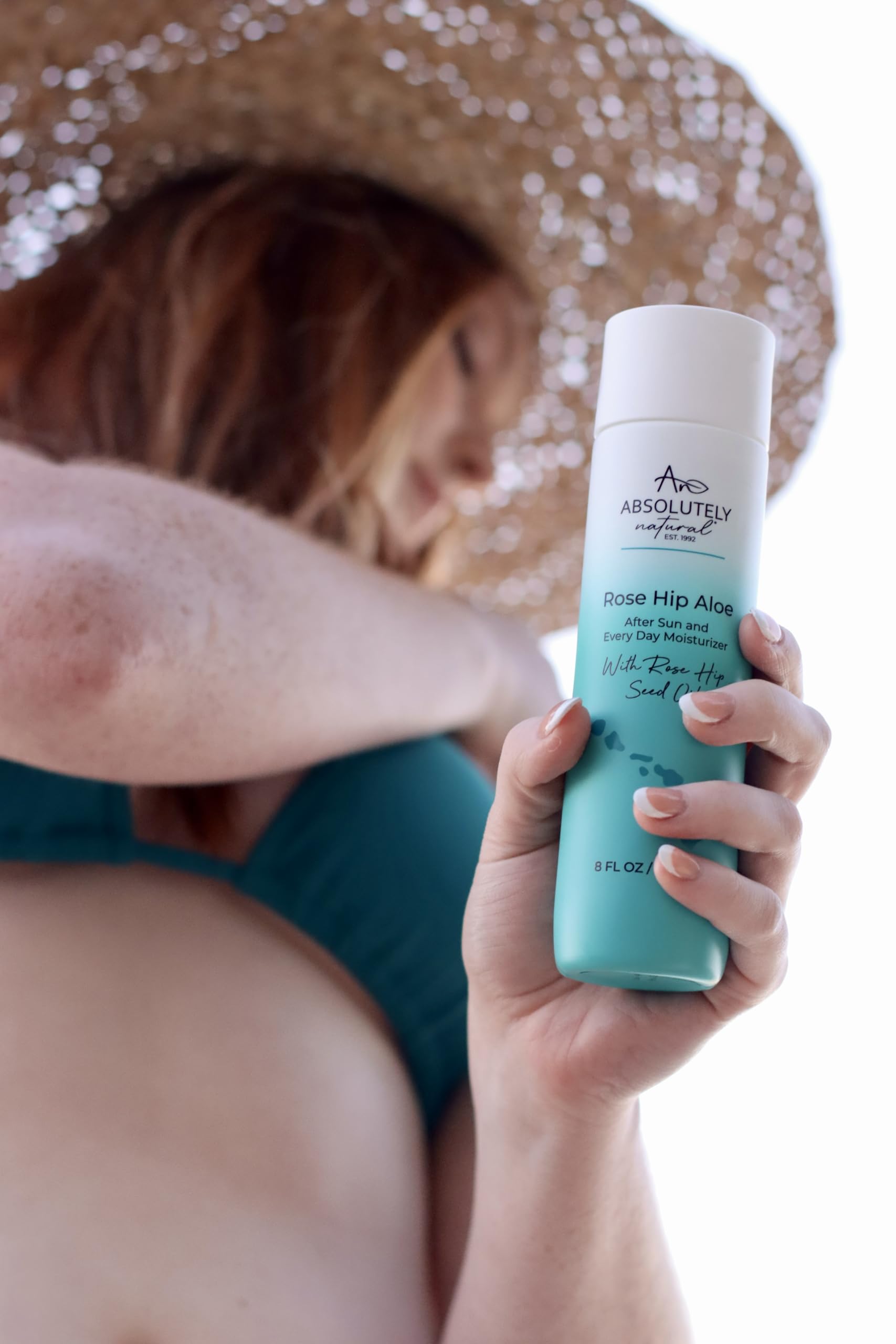 Absolutely Natural lightweight lotion being applied for quick post-sun relief