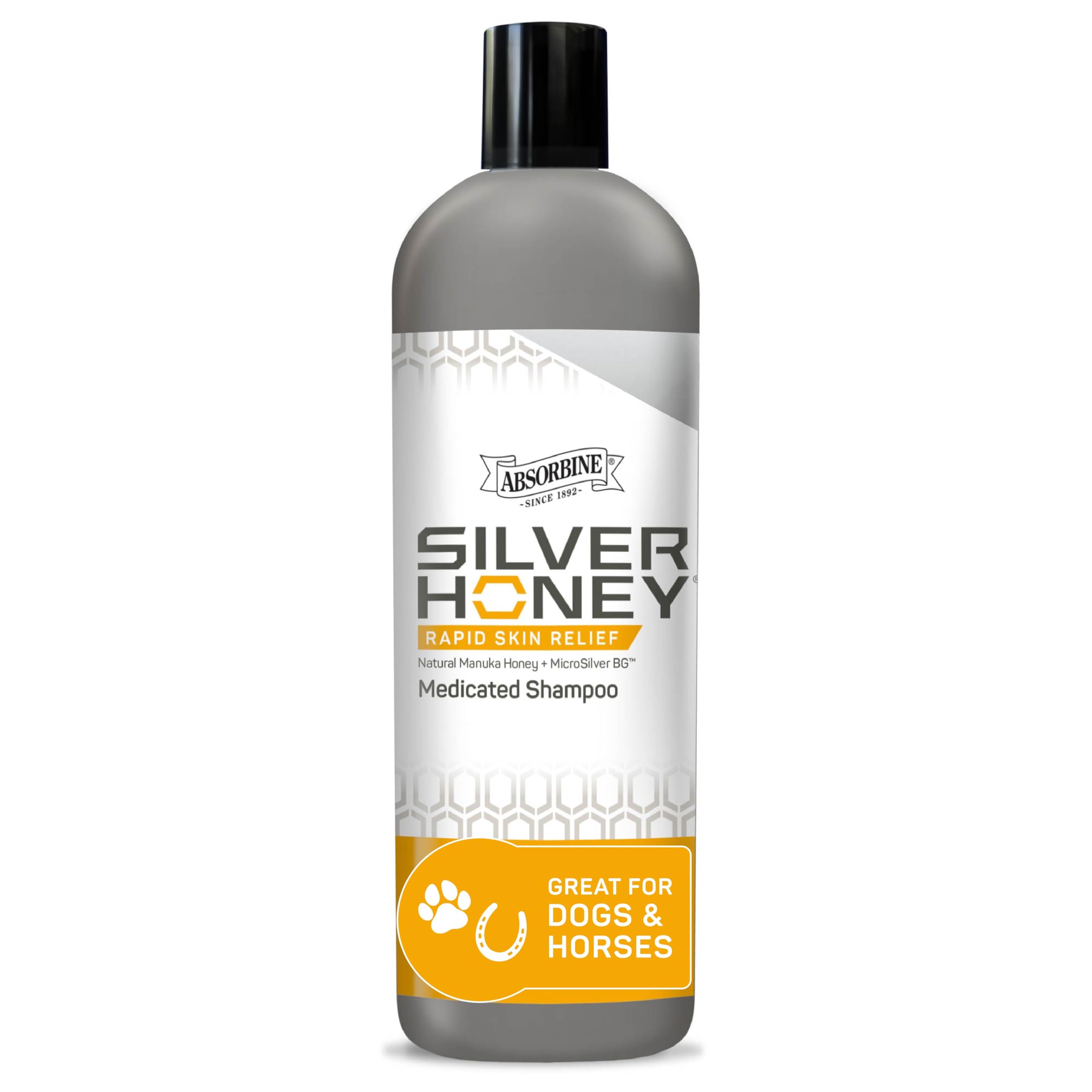 Absorbine Silver Honey Rapid Shampoo bottle—soothing animal skin care with microsilver and Manuka honey.