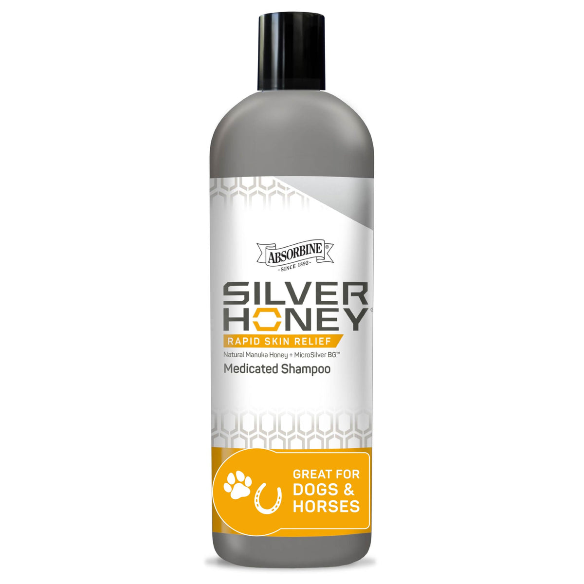 Absorbine Silver Honey Rapid Shampoo bottle—soothing animal skin care with microsilver and Manuka honey.