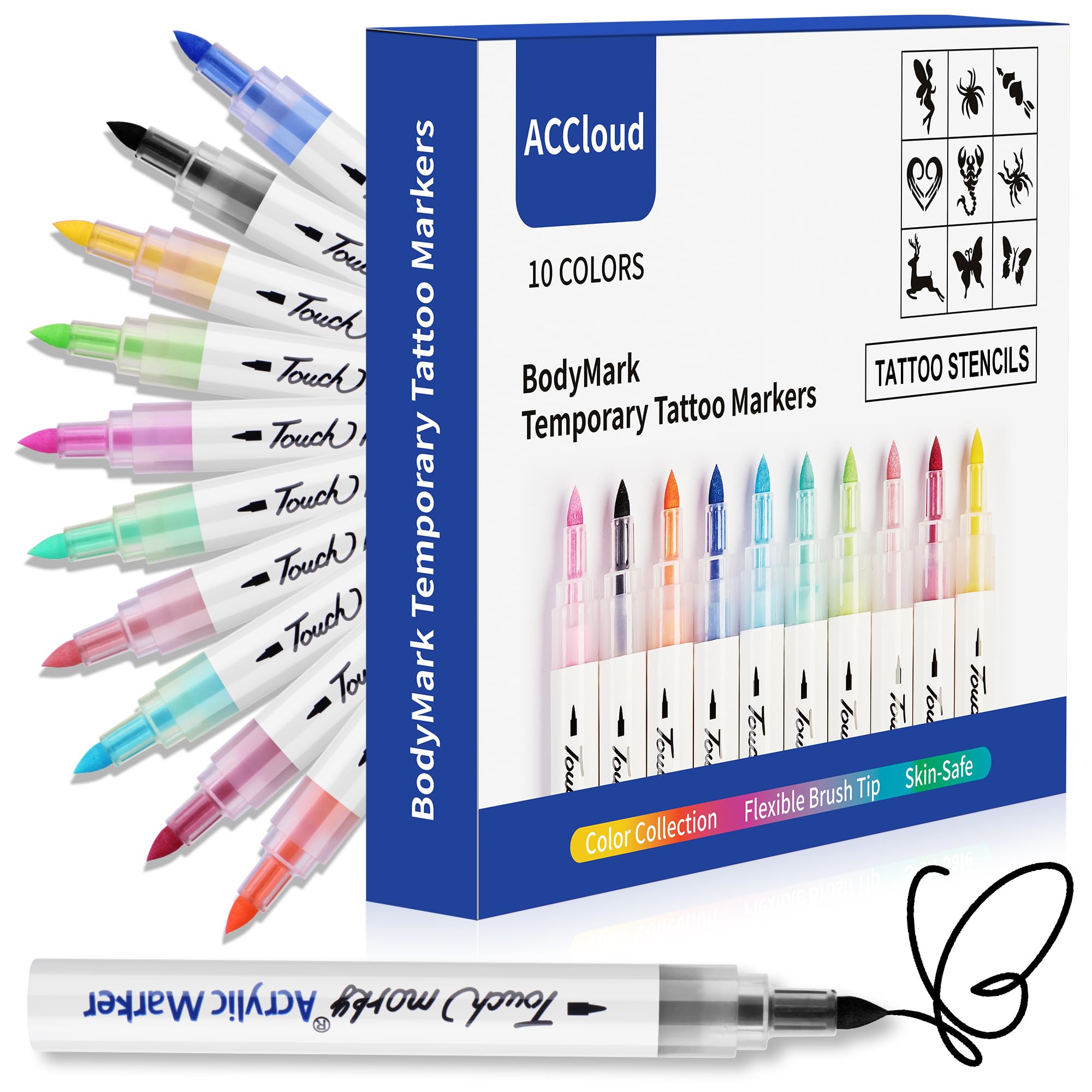ACCloud tattoo markers kit open packaging shows colorful pens ready for skin art ideas.