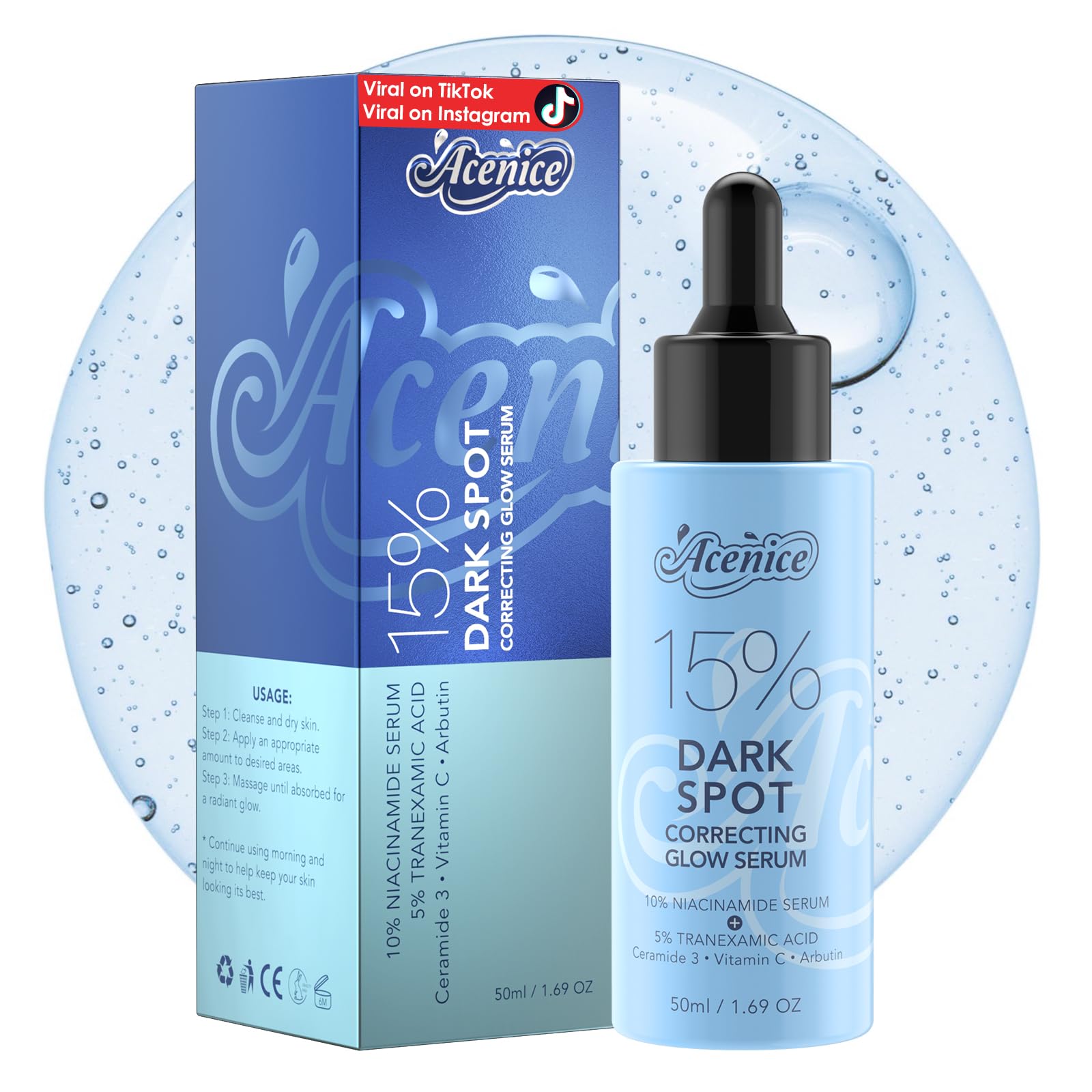 ACENICE TXA+Niacinamide 15% Glow Serum bottle closeup highlighting brightening, hydrating formula