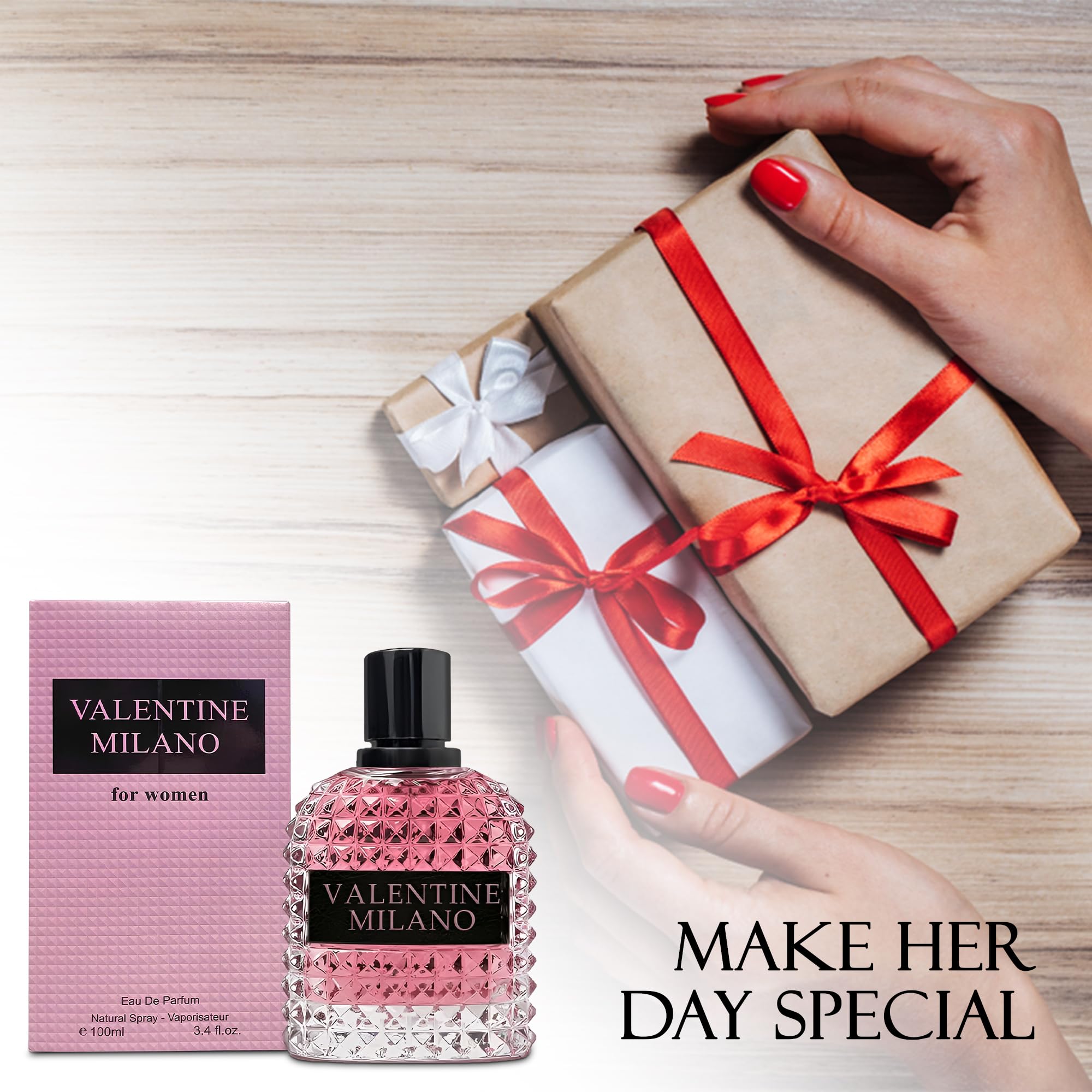 A CENTER Milano base notes reveal vanilla warmth and woody depth.