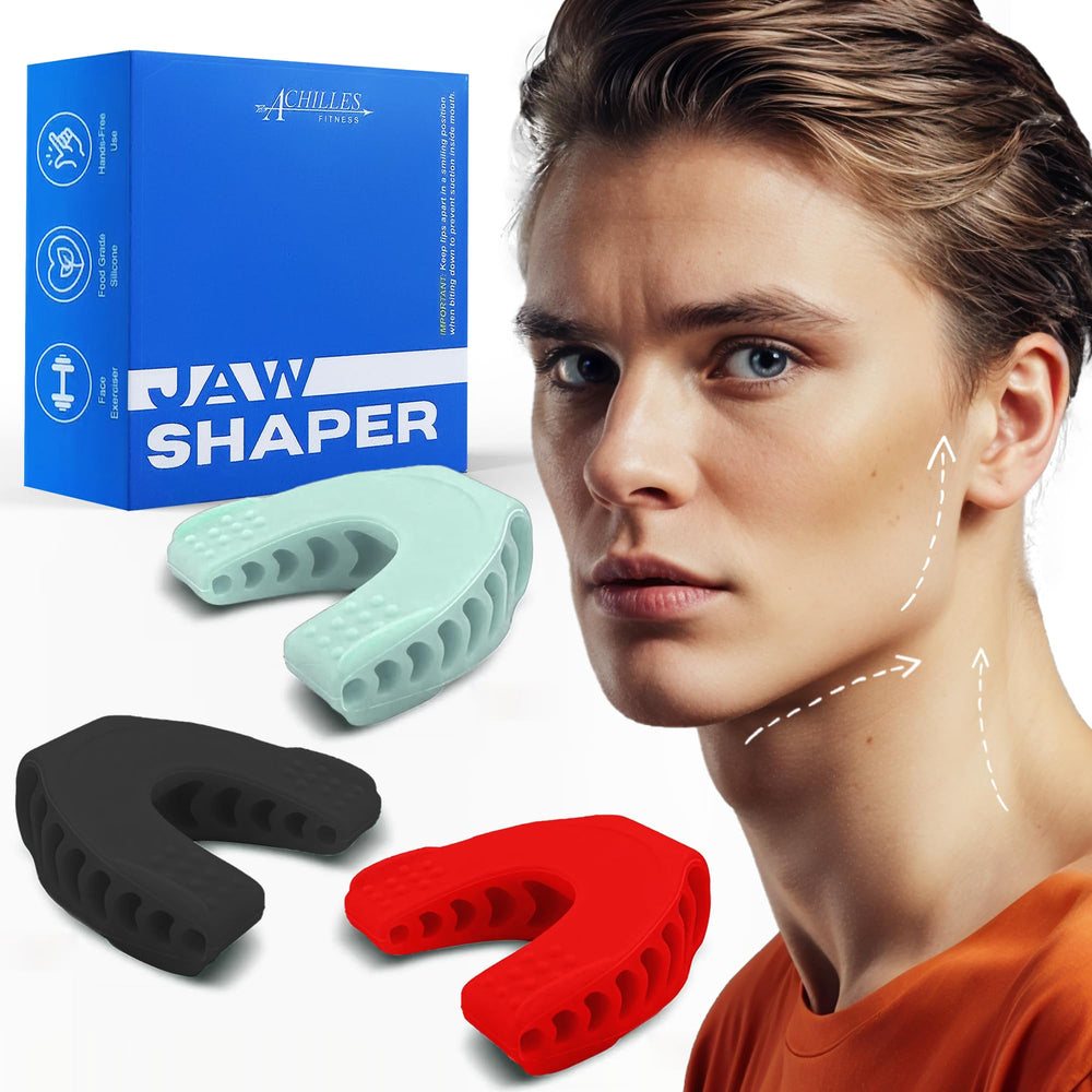 Achilles Fitness Double Chin Reducer jaw exerciser blue angled view for defined jawline.