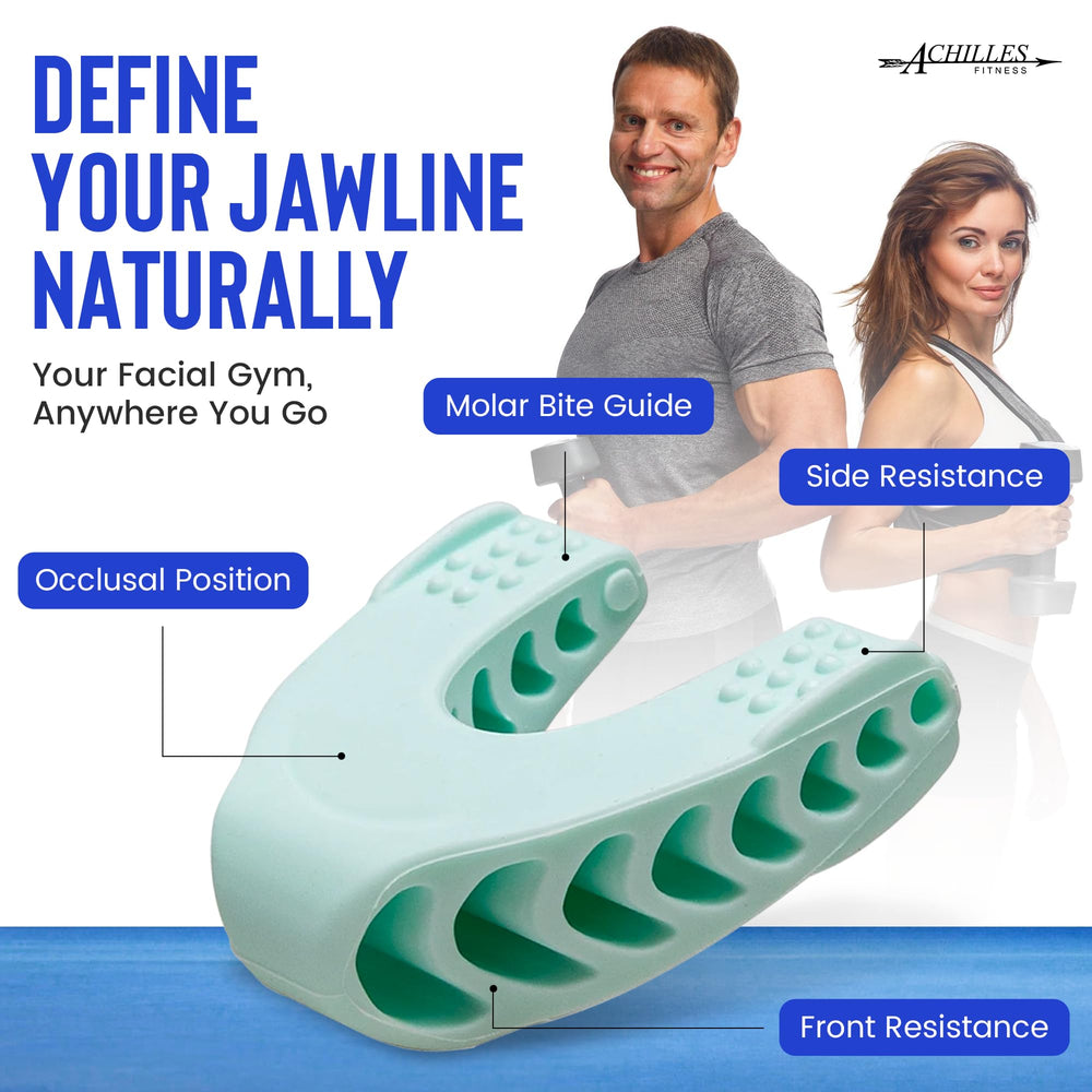 Achilles Fitness Double Chin Reducer jaw exerciser blue closeup showing comfortable fit.