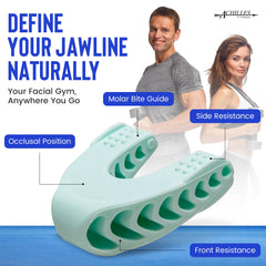 Achilles Fitness Double Chin Reducer jaw exerciser blue closeup showing comfortable fit.