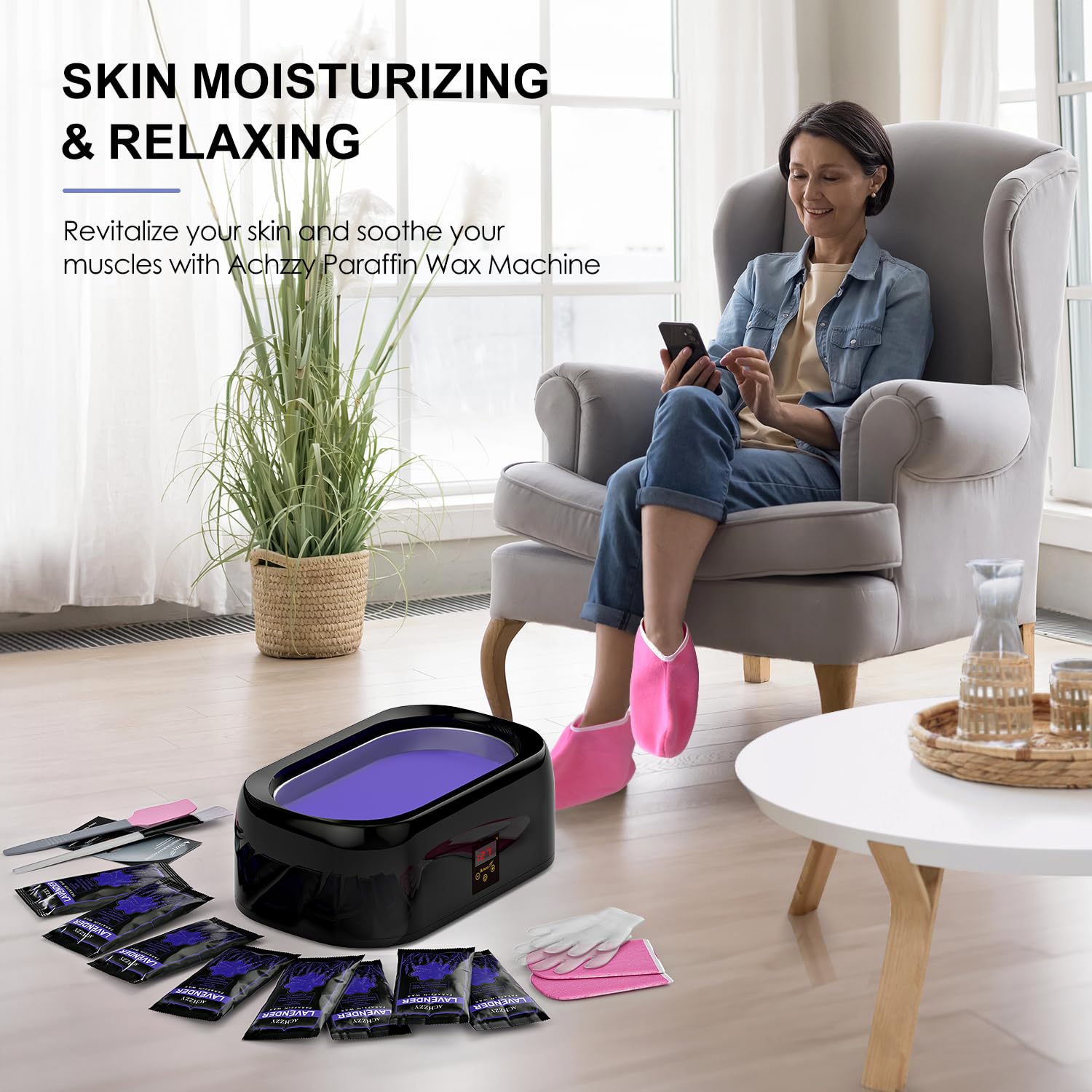 Achzzy home spa setup with paraffin wax machine for salon-like results.