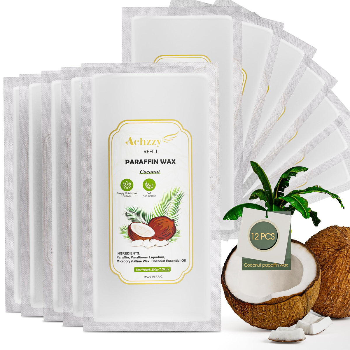 Achzzy natural paraffin wax refills coconut-beads delivering coconut scent for gentle skin hydration.