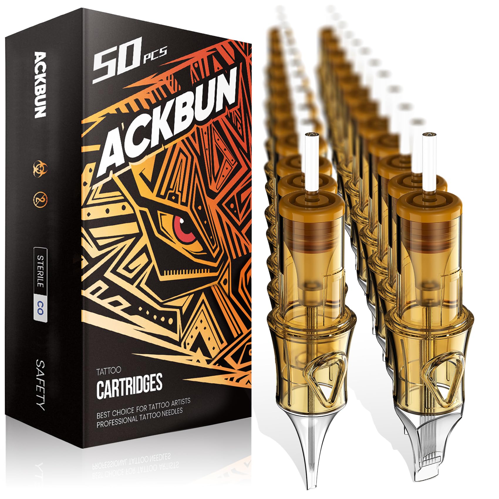 Ackbun 50pc tattoo needles box shows mixed sizes for versatile detailing.
